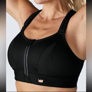 NWOT SHEFIT Ultimate Sports Bra 4Luxe Black Zip Front High Impact + Wash Bag